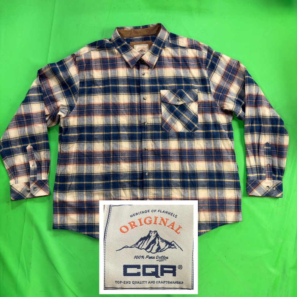 CQR Flannel Shirt Mens 3XL Blue/Tan Plaid Cotton Corduroy Hiking Workwear HOF110
